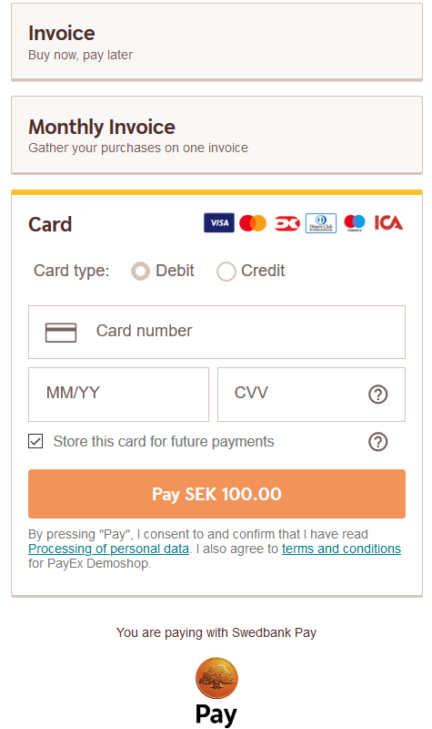 Payment Menu with swedish payer logged in and card payment opened