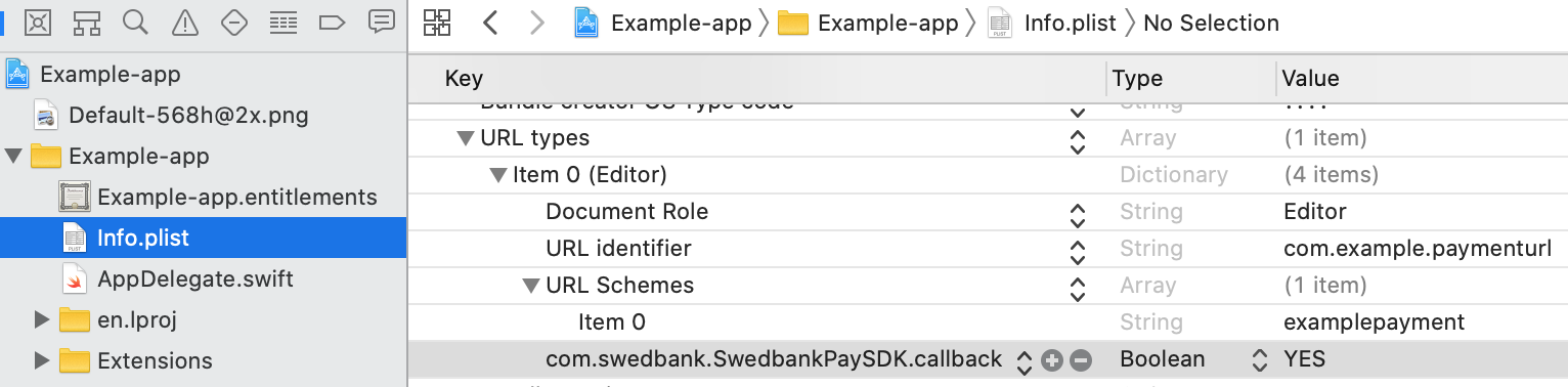 Payment url scheme added in Info.plist editor