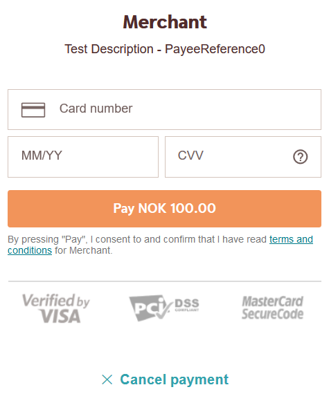 screenshot of the redirect card payment page