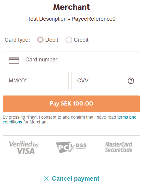 screenshot of the swedish redirect card payment page