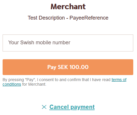 screenshot of the Swish redirect payment page with number input