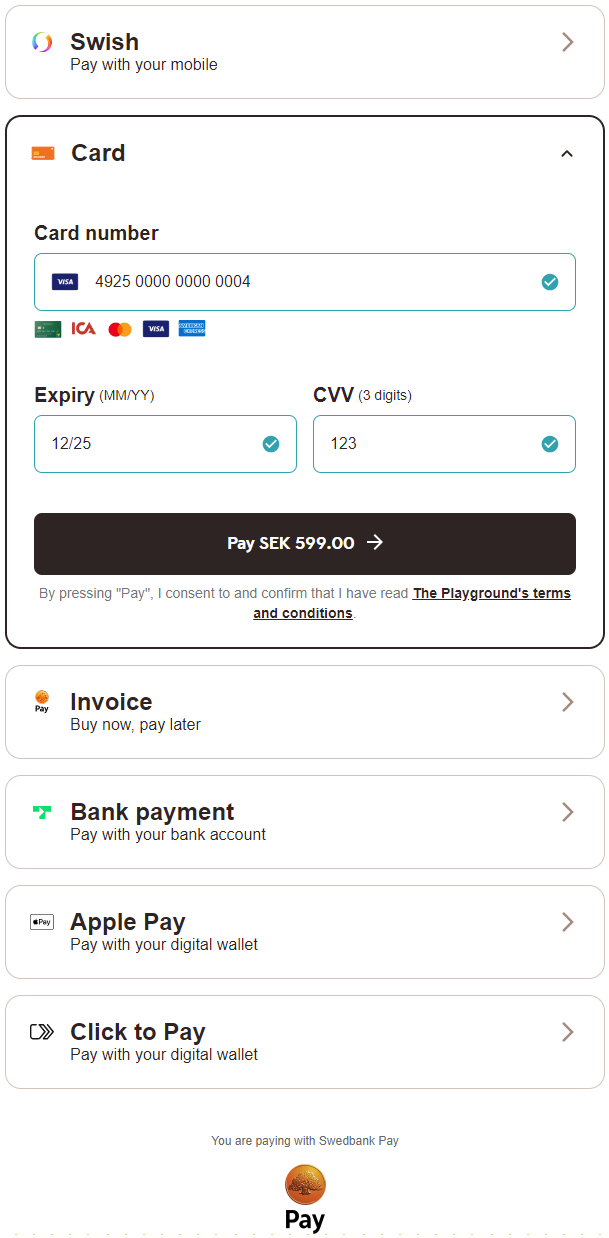 screenshot of the merchant managed implementation redirect payment menu